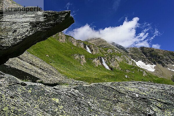 Bergwiese  Geröllfeld  Wasserfall  am Glockner-Stausee  Kärnten  Österrreich