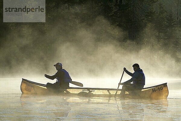 Kanu fahren im Morgendunst  La Mauricie Nationalpark  Quebec  Kanada  Nordamerika