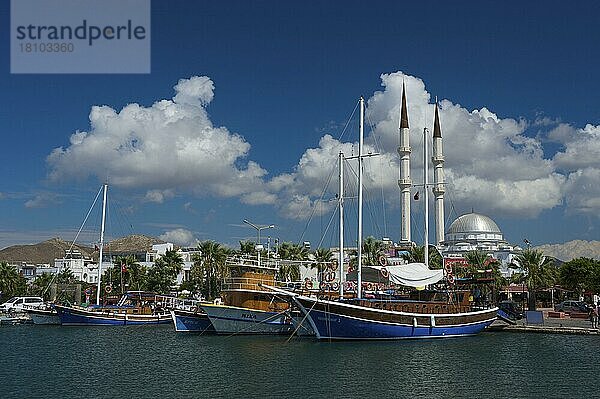 Hafen und Moschee in Turgutreis  bei Bodrum  türkische Ägäis  türkische Ägäis  Türkei  Asien