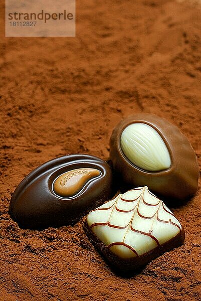 Verschiedene Pralinen  Kakaopulver  Kakao