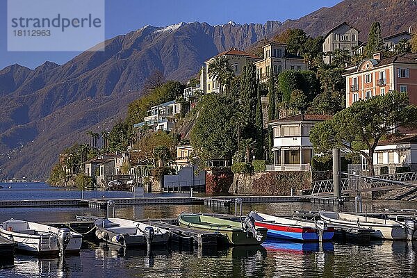 Bootssteg  Monte Verita und Moscia  Ascona  Lago Maggiore  Tessin  Ticino  Langensee  Schweiz  Europa