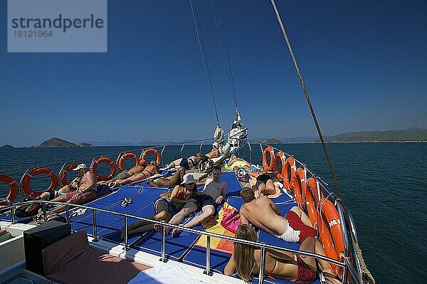 Blaue Reise  küste  Güllet Ausflugsboot an der türkische Ägäis  türkische Ägäis  Küste bei Fethiye  Türkei  Asien