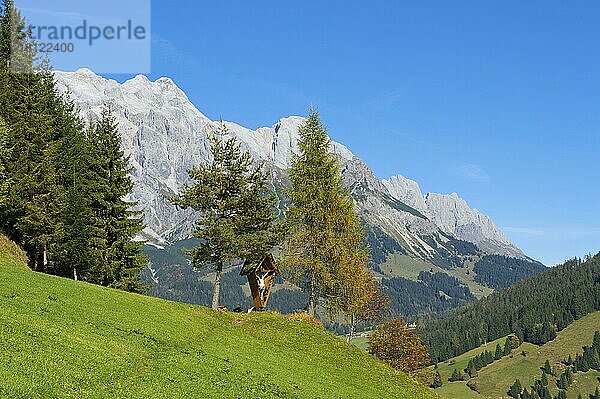 Wegkreuz im Dientener Tal mit Hochkönig  Pinzgau im Salzburger Land  Österreich  Europa