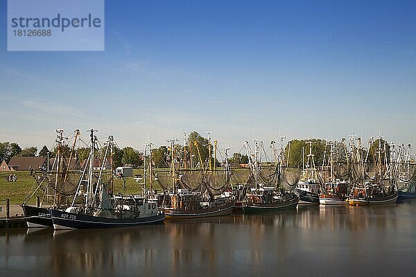 Krabbenkutter im Hafen  Greetsiel  Leybucht  Krummhörn  Ostfriesland  Niedersachsen  Deutschland  Europa