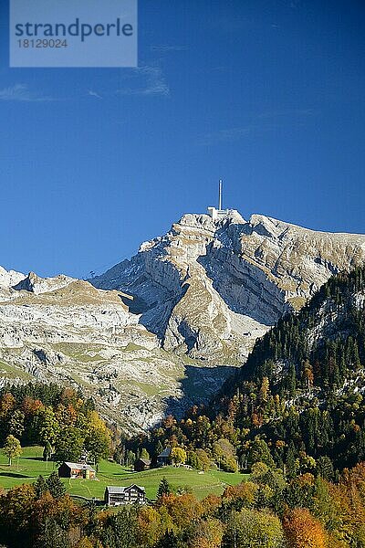 Säntis mit Sendeturm  Appenzeller Alpen  2501 m  Blick von Wildhaus  Toggenburg  Kanton St. Gallen  Schweiz  Europa