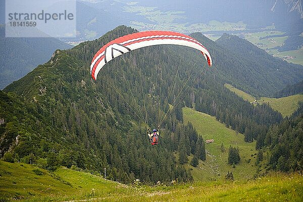 Gleitschirmflieger auf dem Hochfelln  Juli  Chiemgau  Bergen  Bayern  Deutschland  Europa