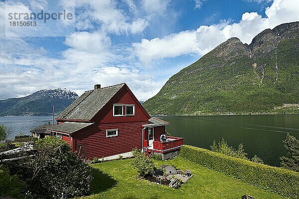 Typisches Holzhaus  Hadanger Fjord  Norwegen  Europa