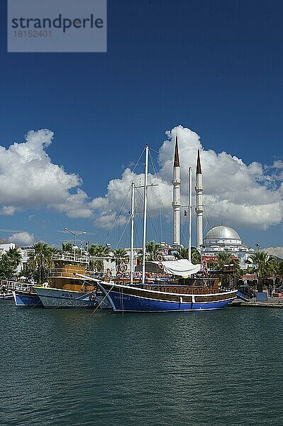 Hafen und Moschee in Turgutreis  bei Bodrum  türkische Ägäis  Ägäis  Türkei  Asien