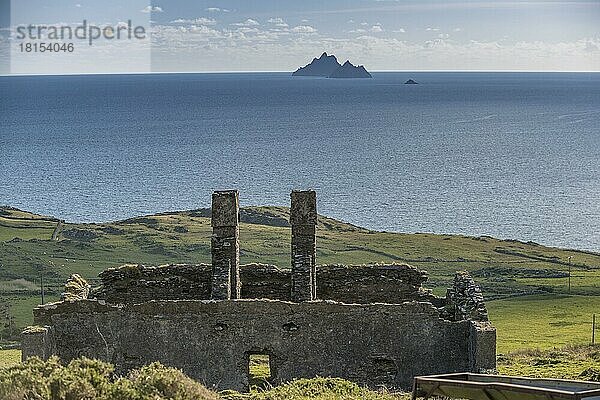 Ruine  Blick auf Insel Skellig Michael  Skellig Inseln  Ring of Kerry  County Kerry  Irland  Europa