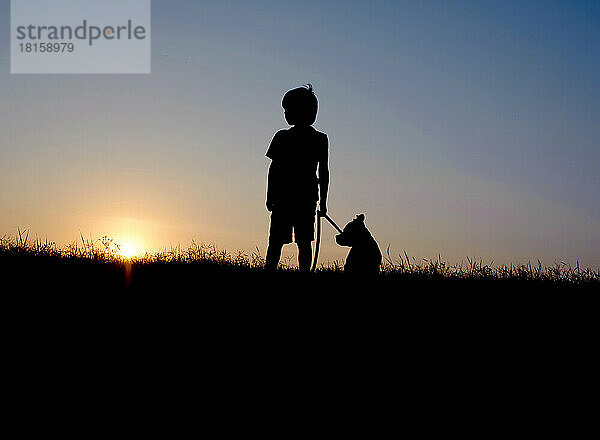 Silhouette eines Jungen und eines Hundes