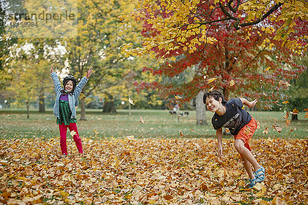 Zwei Kinder spielen fröhlich miteinander und werfen Blätter in die Luft