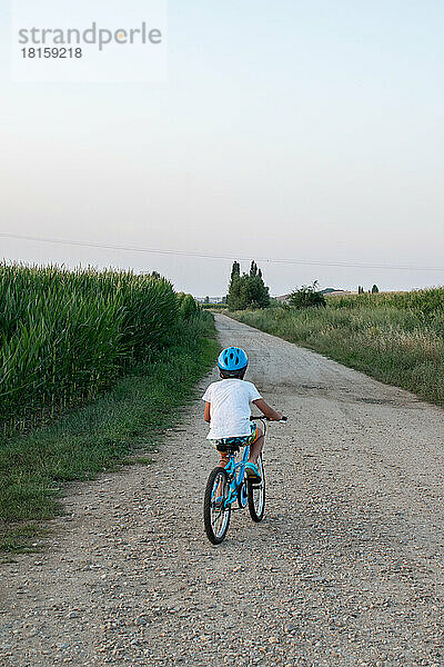 Rückansicht eines Fahrrad fahrenden Kindes auf der Straße im Maisfeld