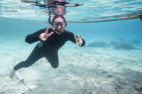 Junge Frau beim Schnorcheln unter Wasser mit Seekühen in der Three Sisters Spring