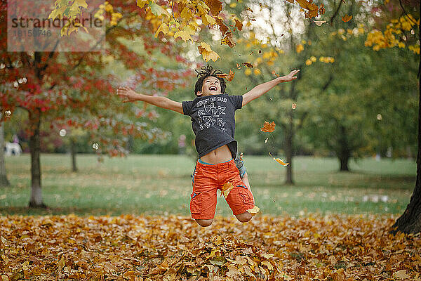 Ein fröhlicher Junge springt in einem Haufen gefallener Blätter im Park