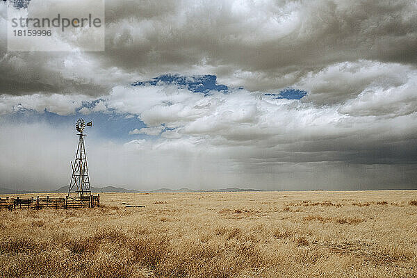 Landwirtschaftliche Windmühle und vorbeiziehendes Gewitter  Tucumcari  New Mexico