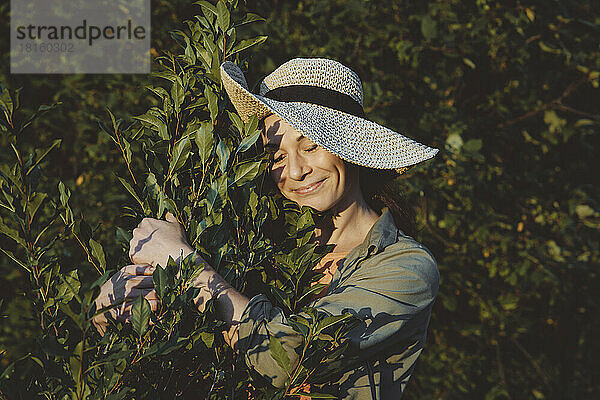 Lächelnde Frau umarmt grüne Pflanzen im Garten