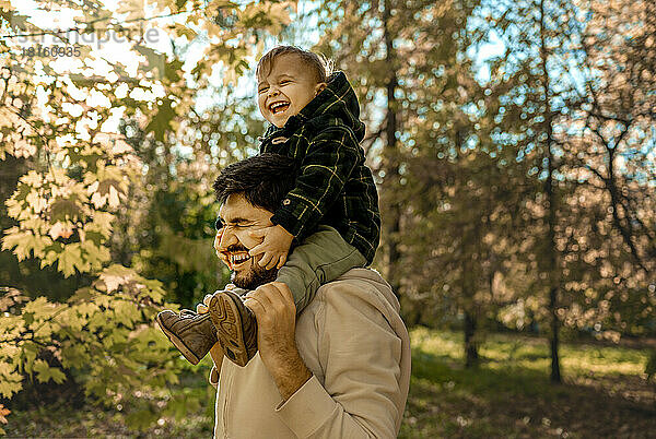 Glücklicher Vater trägt Sohn auf Schultern im Park
