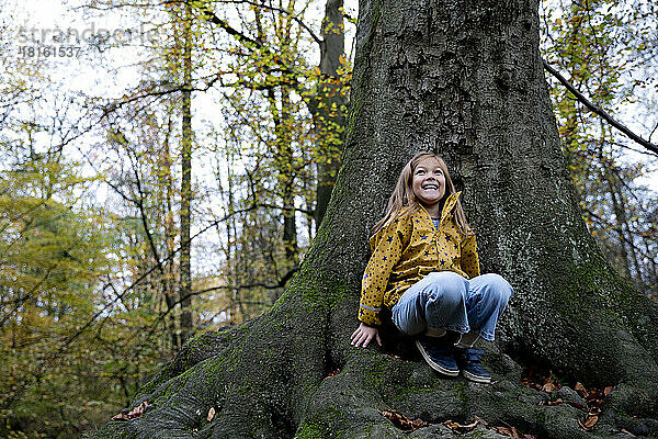 Glückliches Mädchen liegt auf einem Baumstamm im Wald