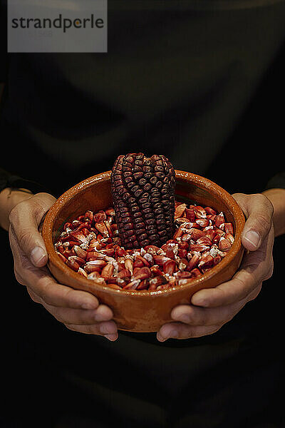 Hände einer Person  die eine Schüssel mit roten mexikanischen Maiskörnern hält