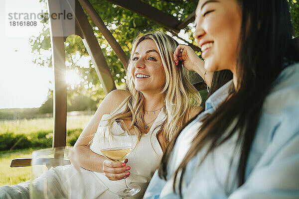 Happy friends holding white wine on porch swing at winery