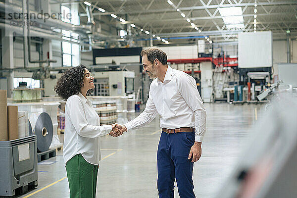 Happy mature businessman shaking hand with businesswoman in industry