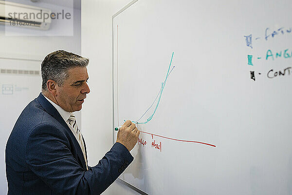 Reifer Geschäftsmann zeichnet Diagramm auf Whiteboard bei Besprechung im Büro
