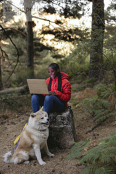 Glückliche Frau benutzt Laptop und Hund sitzt im Wald