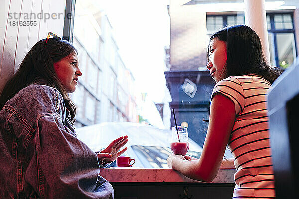 Lesbische Freundinnen reden miteinander und sitzen im Café