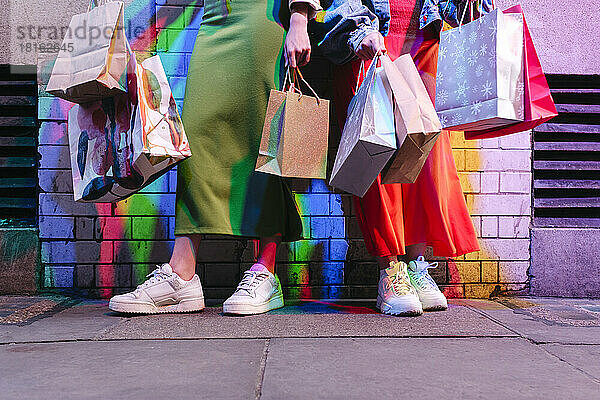 Lesbian friends holding shopping bags in front of brick wall