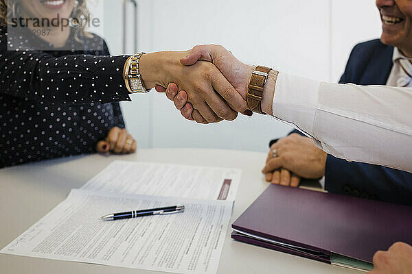 Reife Geschäftsfrau schüttelt einem Kollegen am Schreibtisch im Büro die Hand