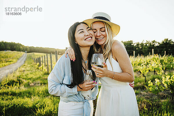Fröhliche Freunde halten ein Glas Wein in der Hand und umarmen sich im Weingut