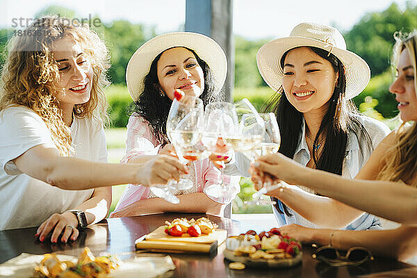 Glückliche Freunde  die am Tisch Gläser Wein anstoßen