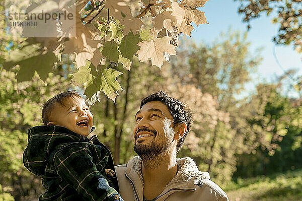 Glücklicher Vater trägt Sohn im Park