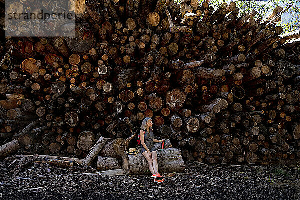 Ältere Frau sitzt auf einem Baumstamm vor einem Holzstapel