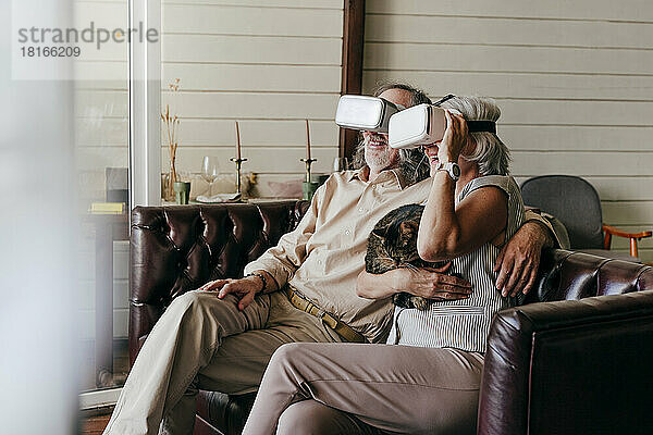 Glückliches Paar mit Virtual-Reality-Simulatorbrille umarmt Katze zu Hause