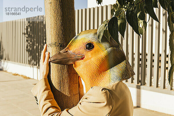 Freiberufler mit Vogelmaske umarmt Baum am Fußweg