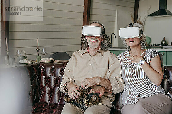 Paar mit Virtual-Reality-Simulatorbrille sitzt zu Hause mit Katze auf dem Schoß