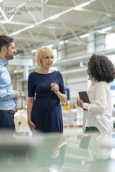 Ältere Geschäftsfrau diskutiert mit Kollegen in der Fabrik