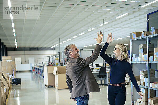 Happy business colleagues giving high-five to each other
