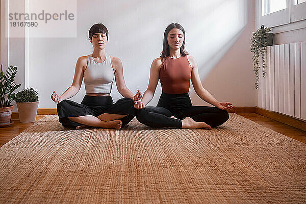 Freunde meditieren mit geschlossenen Augen  sitzen im Lotussitz und machen zu Hause Yoga