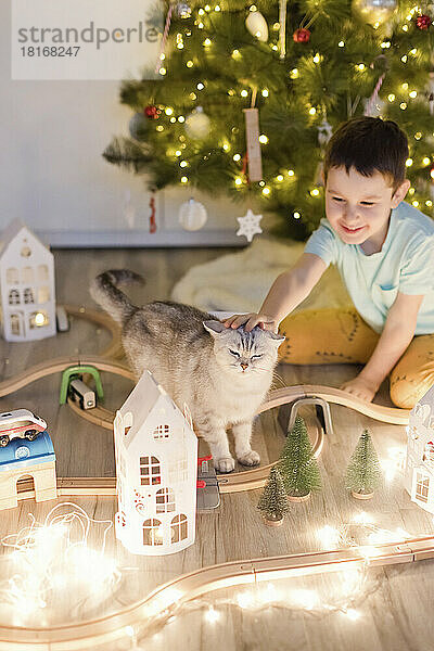 Netter Junge streichelt Katze in der Nähe der Weihnachtsdekoration zu Hause