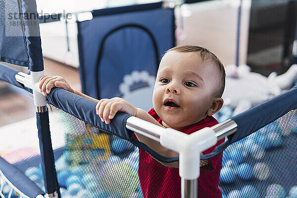 Cute baby boy standing in playpen at home