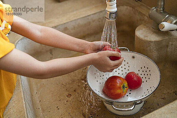Hände eines Mädchens  das frische Tomaten in der Küchenspüle wäscht