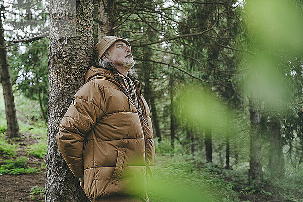 Älterer Mann in Jacke steht am Baum im Wald