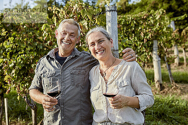 Lächelnde reife Männer und Frauen halten Weingläser vor dem Weinberg