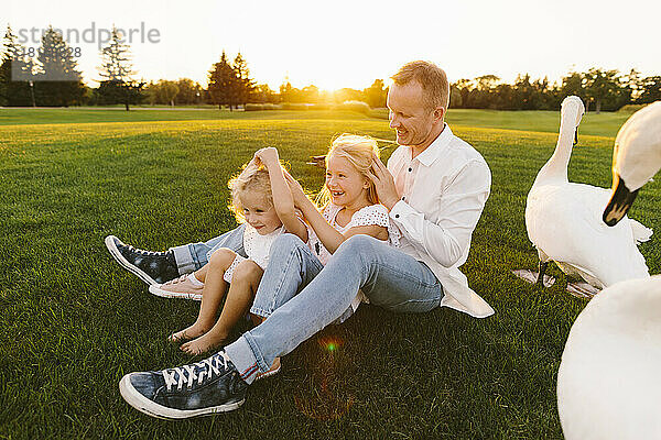 Töchter und Vater sitzen bei Sonnenuntergang bei Schwänen im Park