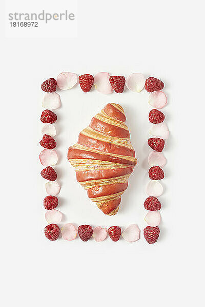 Fresh croissant amidst frame made of raspberries and rose petals against white background