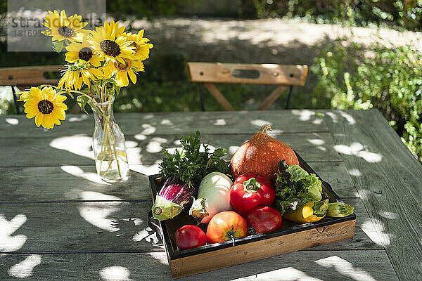 Frisches Gemüse in Holzkiste auf dem Tisch