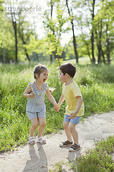 Fröhliches  süßes Mädchen  das im Park die Hand seines Bruders hält