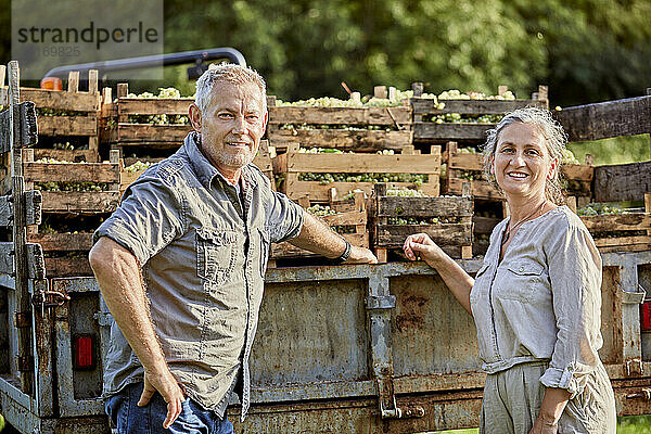 Lächelnde reife Bauern vor einem Lastwagen mit einer Kiste voller Weintrauben
